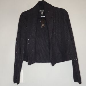 NWT INC Silk Angora Blend Black Ribbed Sequin Open Front Cardigan Size Small